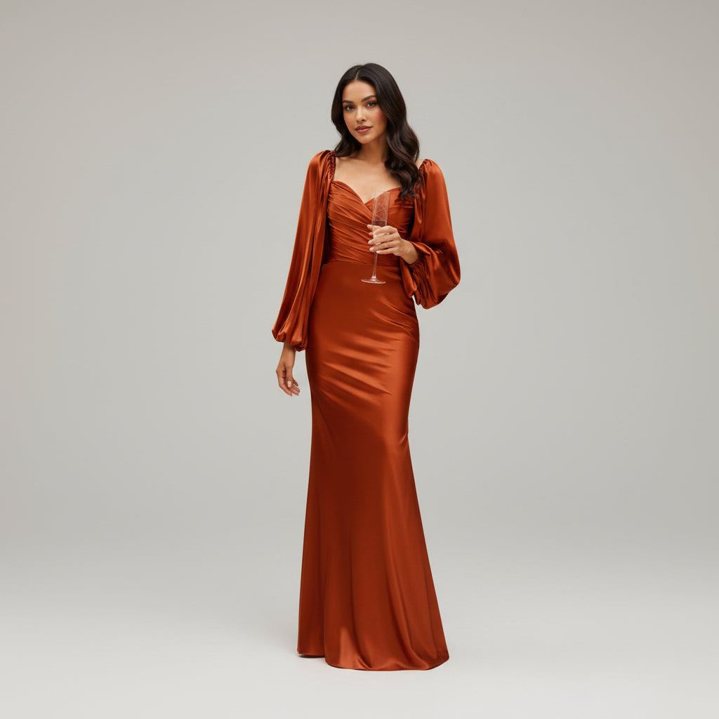 Vestido Largo Satinado Terracota