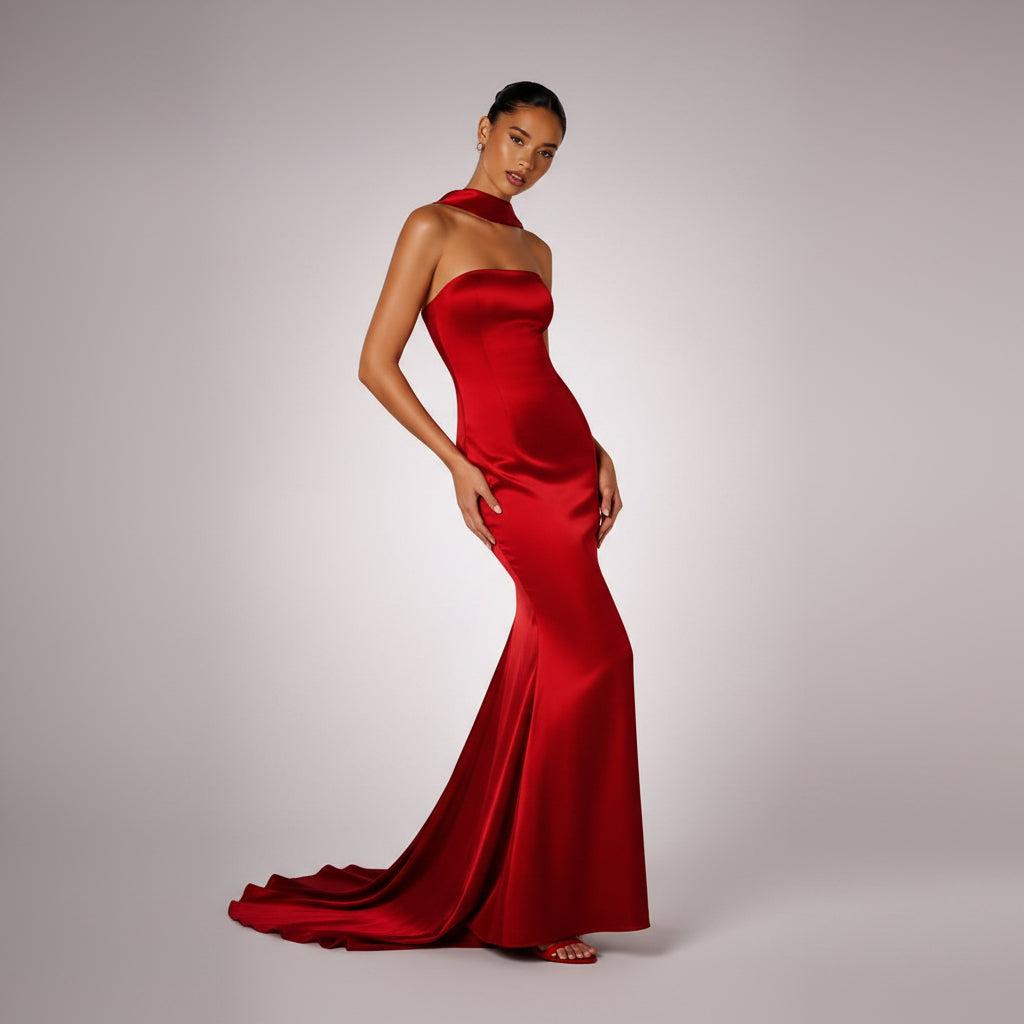 Vestido Largo Satinado Rojo