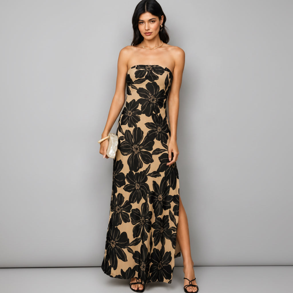 Vestido Largo Floral Strapless