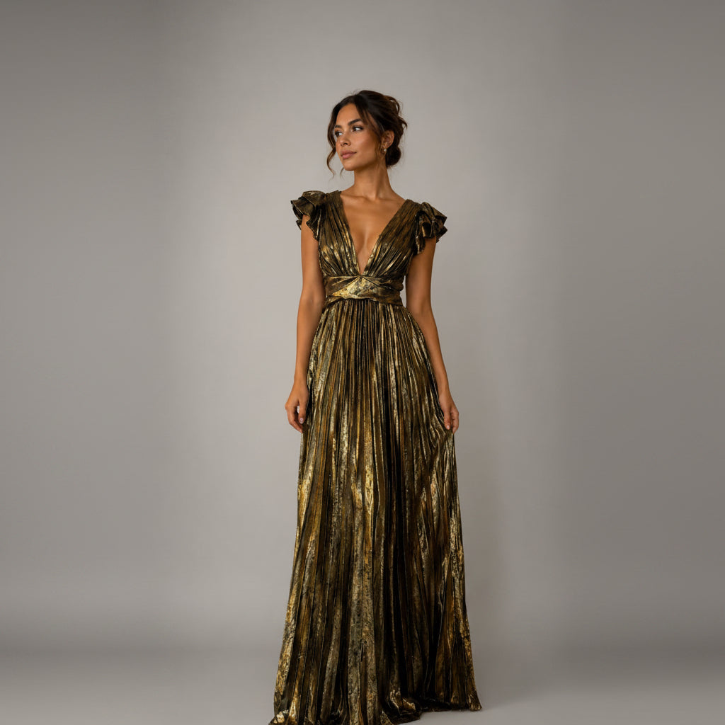 Vestido Largo Plisado Dorado