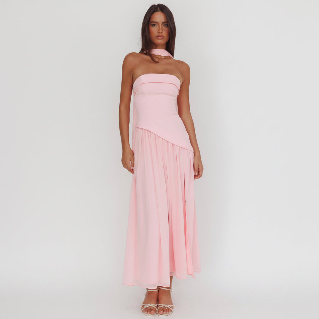 Vestido Midi Rosa con Pañuelo