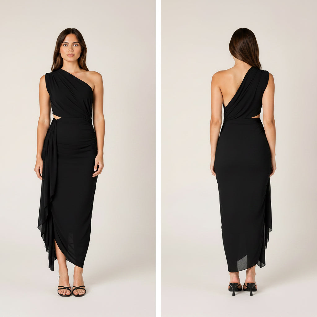 Vestido Midi Negro Asimétrico