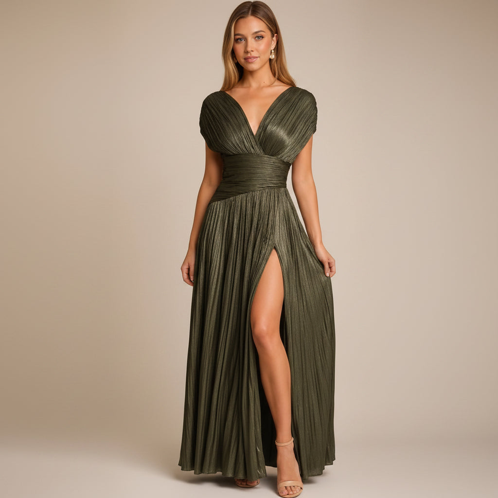 Vestido Largo Plisado con Abertura